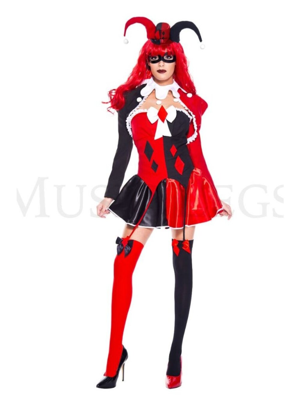 Music Legs Cute Quinn Harlequin Jester Red Black Dress Costume Cosplay X-Small
